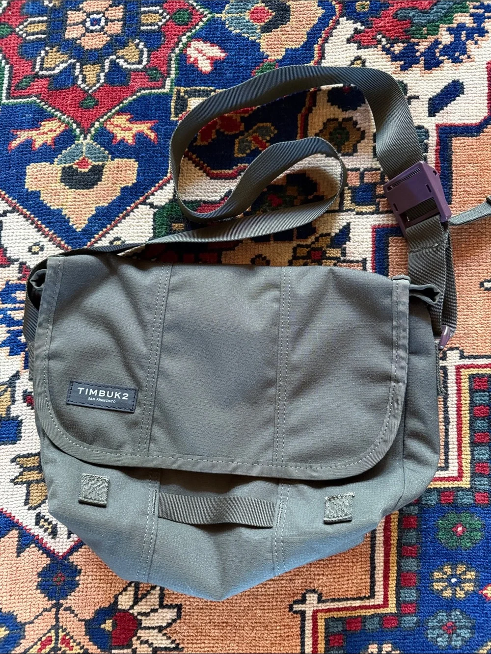 Timbuk2 Olive Green Messenger Bag with Purple Buckle Accent